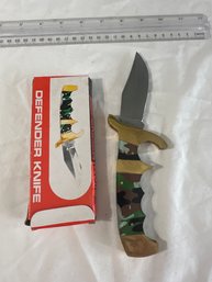 Vintage 9 Inch Folding Defender Knife Camo Handle With Gold Detail Made In Pakistan