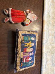 Vintage Embroider Santa Ornament And Pillow Santa Is 6 Inches Pillow Is 7 Inches