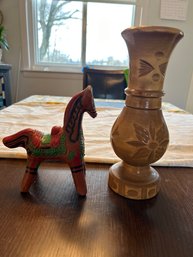 Mexican Hand Made Hand Painted Horse And Wooden Hand Carved Vase  Horse Is 7x8 The Vase Is 4x11