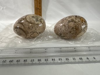 Lot Of 2 Fossil Stone Polished Eggs Oval Fossilized Matter Stone Natural Patterns New