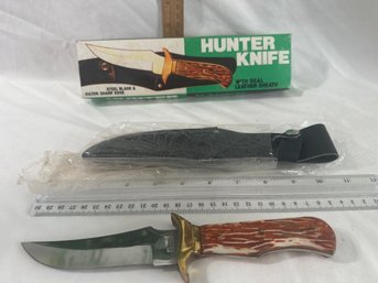 New Vintage Fixed Steel Blade Hunting Knife Made In Pakistan With Leather Sheath