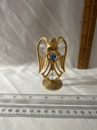 Angel Figurine In Gold Tone Metal With Faceted Glass Beads Holding Heart