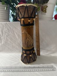 Vintage Tribal Djembe Drum With Carved Giraffe Design