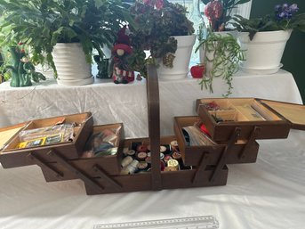 Vintage Accordion  Wood Craft Sewing Box With Supplies