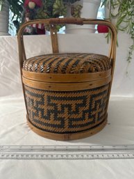 Vintage Hand Woven Greek Key Pattern Rattan & Wood Covered Round Basket With Handle