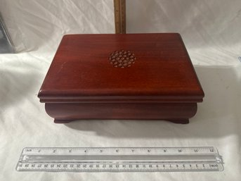 Vintage Wooden Jewelry Box With Design On Top Burgundy Velvet Lined