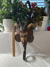 Large 22 Inch Vintage Horned African Mask Painted Wood Wall Decor