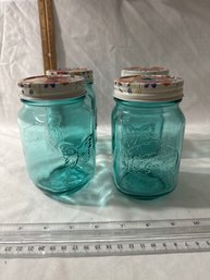 Set Of 4 The Pioneer Woman Blue Mason Jar With Floral Lid Straw Hole