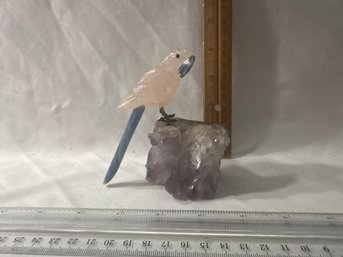 Clear Quartz Crystal Parrot Figurine On An Amethyst Cluster Base