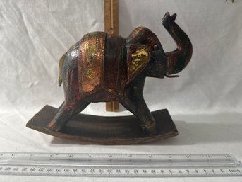 Vintage Hand Carved Painted WOODEN Rocking ELEPHANT With Brass And Copper Accents Sculpture Figurine