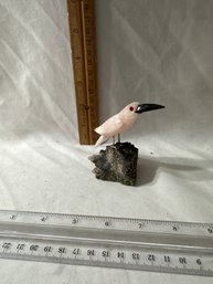 Vintage Hand Carved Brazilian Rose Quartz Rock Crystal Parrot On A Natural Pyrite Cluster Stone Base