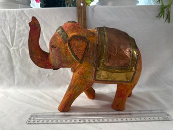 Vintage Hand Carved Painted WOODEN ELEPHANT With Brass And Copper Accents Sculpture Figurine See Photos