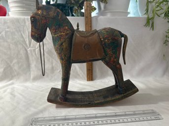 Vintage Hand Carved Painted WOODEN Rocking Horse With Brass Accents Sculpture Figurine