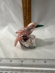 Hand Carved Rose Quartz Bird On Pink Calcite Geode