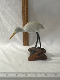 Vintage Hand Carved Painted Heron Shore Bird Figure On Real Tree Branch