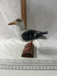 Vintage Hand Carved Painted Black Gull Shore Bird Figure On Real Tree Branch