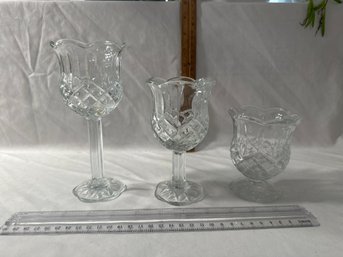 SET OF 3 HOME INTERIOR HOMCO CLEAR CAMBRIDGE  FOOTED TULIP VOTIVE CUPS CANDLE HOLDERS