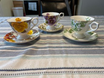 Set Of 3 Gracie Bone China Cups And Saucers. Dishwasher Safe No Chips Or Cracks