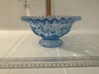 Vintage Blue Opalescent Moon & Stars Pedestal Bowl Ruffle Top Edge