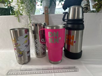 Lot Of Stainless Steel Hot Beverage Cups Reusable Three Dunkin Donuts And Tervis Dr Suess Missing Tops As Pic