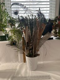 Large Peacock Feathers Bird Feathers Bouquet In White Vase