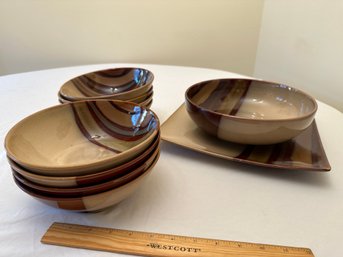 Sango Avanti Brown 4722 Pasta Set Serving Bowl Serving Plate And 8 Pasta Bowls All Excellent