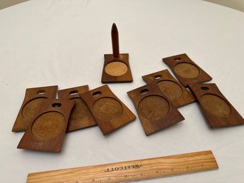 SET OF 8 MID-CENTURY DANISH MODERN TEAK WOOD CORK BAR COASTERS STACKING SET WITH STAND