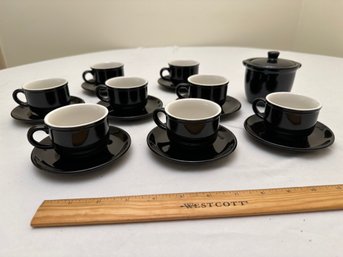 Set Of 8 Espresso Demitasse Cup & Saucer Set With Sugar Bowl Black And White Design Made In USA