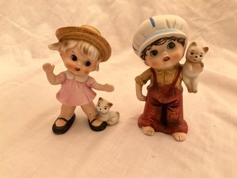 Adorable Vintage Ceramic Girl And Boy With Cats Dogs Figurines Unbranded