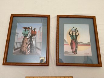 Set Of 2 Oil On Board African Original Painting Modern Tribal Woman Signed Framed And Matted