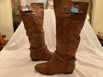 Material Girl Almond-toe Block Heel Over The Knee Brown Boots Women Size US 7.5 Professionally Cleaned