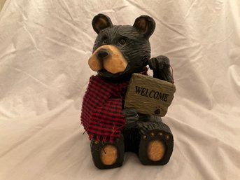 Black Bear Plaid Scarf Welcome Resin Statue Decor Rustic Cabin Cottage