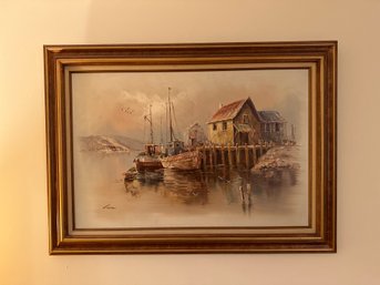 44x31 In Original Signed Hand Painted Framed Oil Painting On Canvas North East Fishing Harbor By John Luini