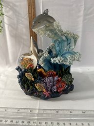 Vintage Dolphin Sea Life Music Box Water Globe Over The Waves Statue Figure