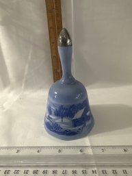 Vintage Japanese Made Blue Ceramic Bell With Farmland Winter Scene Decorations