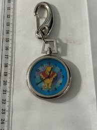 DISNEY WINNIE THE POOH STAINLESS STEEL QUARTZ POCKET WATCH KEY CHAIN