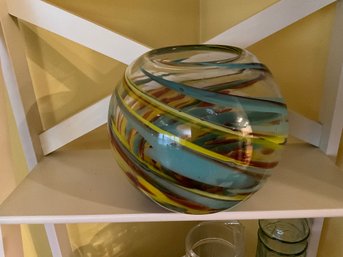 Hand Blown Art Glass Round Globe- Brown, Blue & Yellow