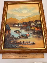 Vintage 14x18 Inch Signed P. Wong East Asian Harbor Scene Acrylic Painting On Canvas