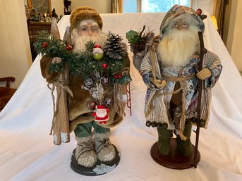 2  Woodland Santa Claus Christmas Decorations Free Standing Figures On Wood Base St Nick Vintage