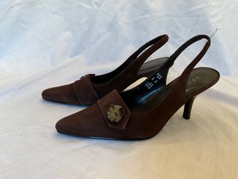 Apostrophe Women's Brown Leather Sling Back Pump Shoes Mid Heel Size 6 M