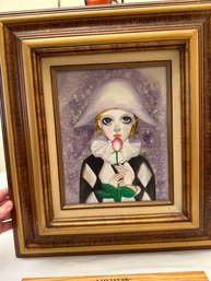 Vintage Framed 16x18 Inch Original Painting Oil Board Sad Pierrot Crying Clown With Rose Signed Tory 80s