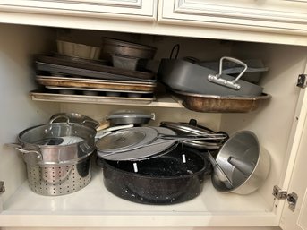 Cabinet Lot Pots Pans Roaster Baking Colanders, And More See Photos