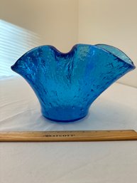 Vintage Cobalt Blue Art Glass Handkerchief Bowl Vase Italy Rain Texture