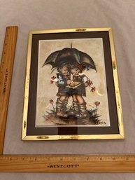 Vintage 80s Hummel Wall Art 1980 HUMMEL Framed Foil Art Prints By EVANS German Boy And Girl Umbrella