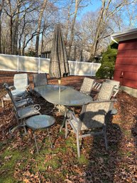 Patio Set 6 Chairs 2 Swivel One Lounge 3 Folding Tables Glass Table 89x44x 27 1 Lounge Umbrella And Base