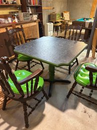 Vintage Solid Wood Card Table With Green Upholstered Spindle Captians Chairs