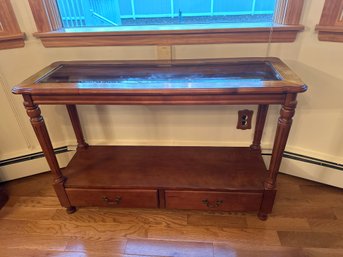 Vintage Glass Top Traditional Two Drawer Console Table