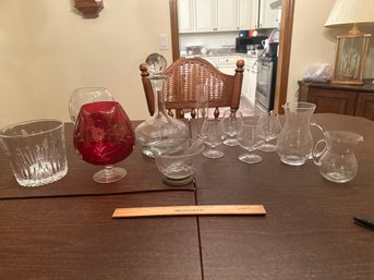 Vintage Lot Of Etched Glass Clear And Cranberry Glass Etched Floral Wheat Rose