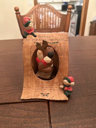 Vintage Ceramic Christmas Santa Rudolph Rotating Music Box Figurine By Garry Sharpe 1985 Works Plays Rudolph