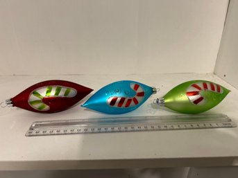 Lot Of 3 Teardrop 6 In Glass Candy Cane Ornaments (lime,aqua,maroon)